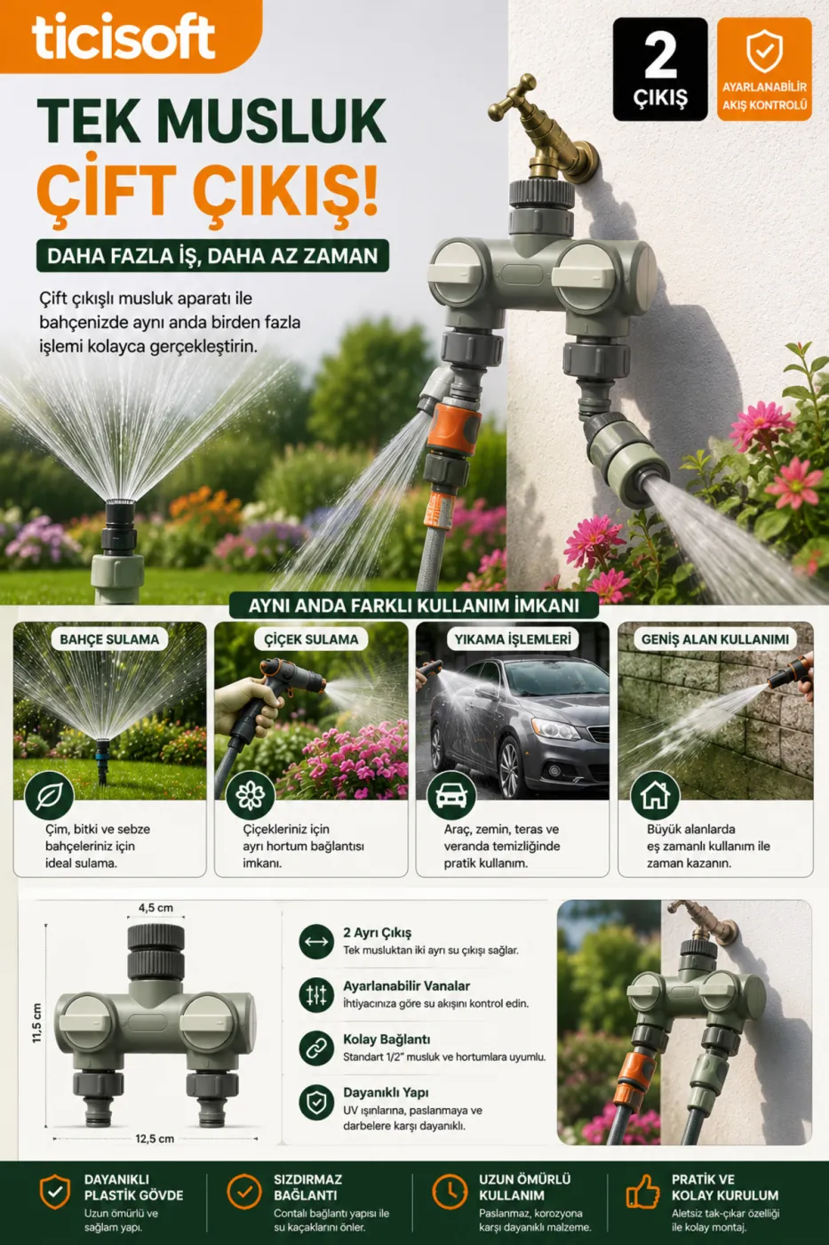Çift Çıkışlı Musluk Adaptörü 2 Yollu Bağımsız Vanalı Hortum Bağlantı Aparatı Bahçe Sulama Dağıtıcı