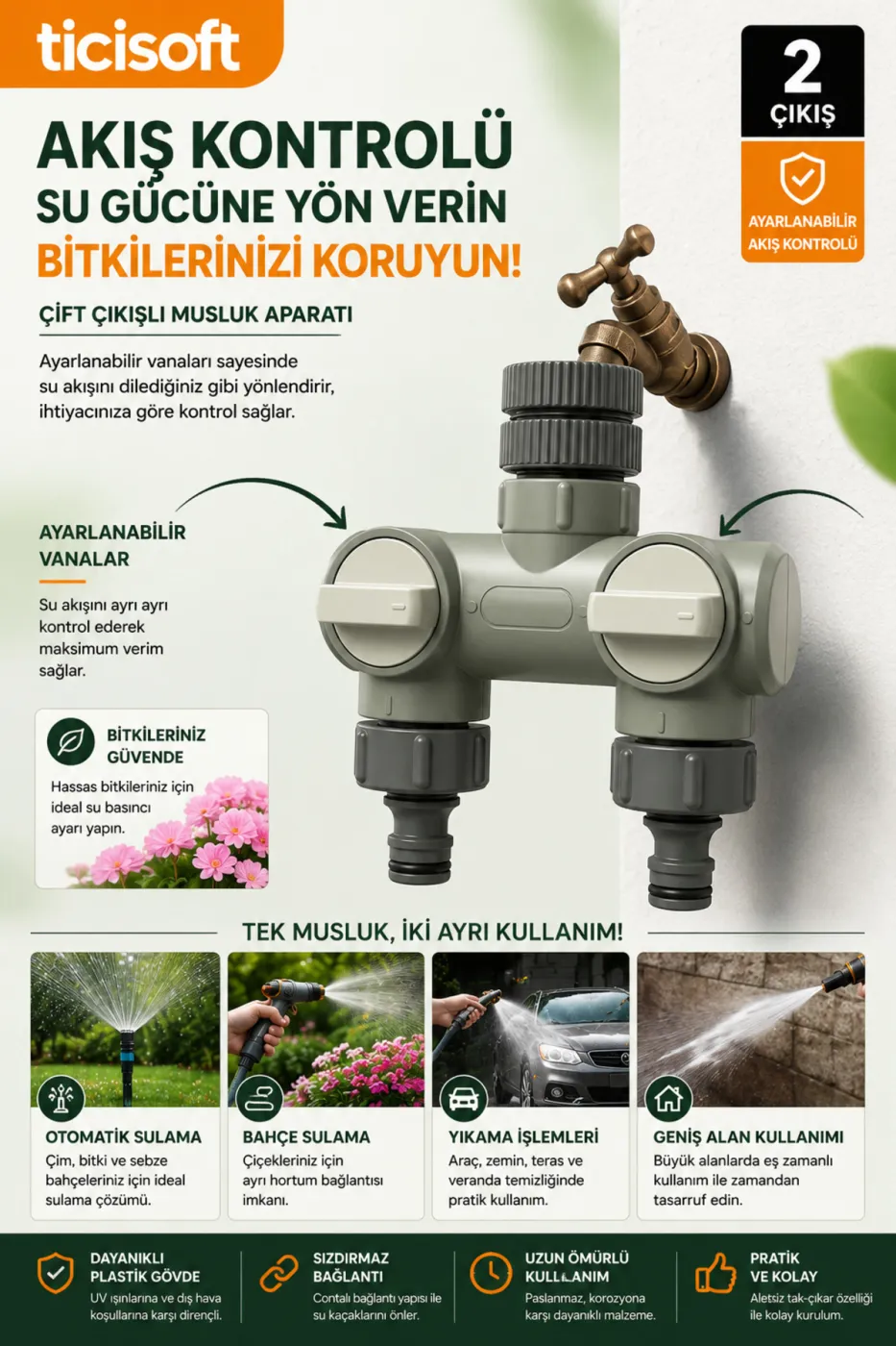 Çift Çıkışlı Musluk Adaptörü 2 Yollu Bağımsız Vanalı Hortum Bağlantı Aparatı Bahçe Sulama Dağıtıcı