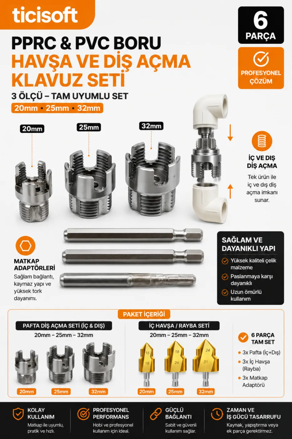 PPRC PVC Boru İç Dış Diş Açma Pafta ve Havşa Rayba Seti 20 mm 25 mm 32 mm 6 Parça Matkap Adaptörlü