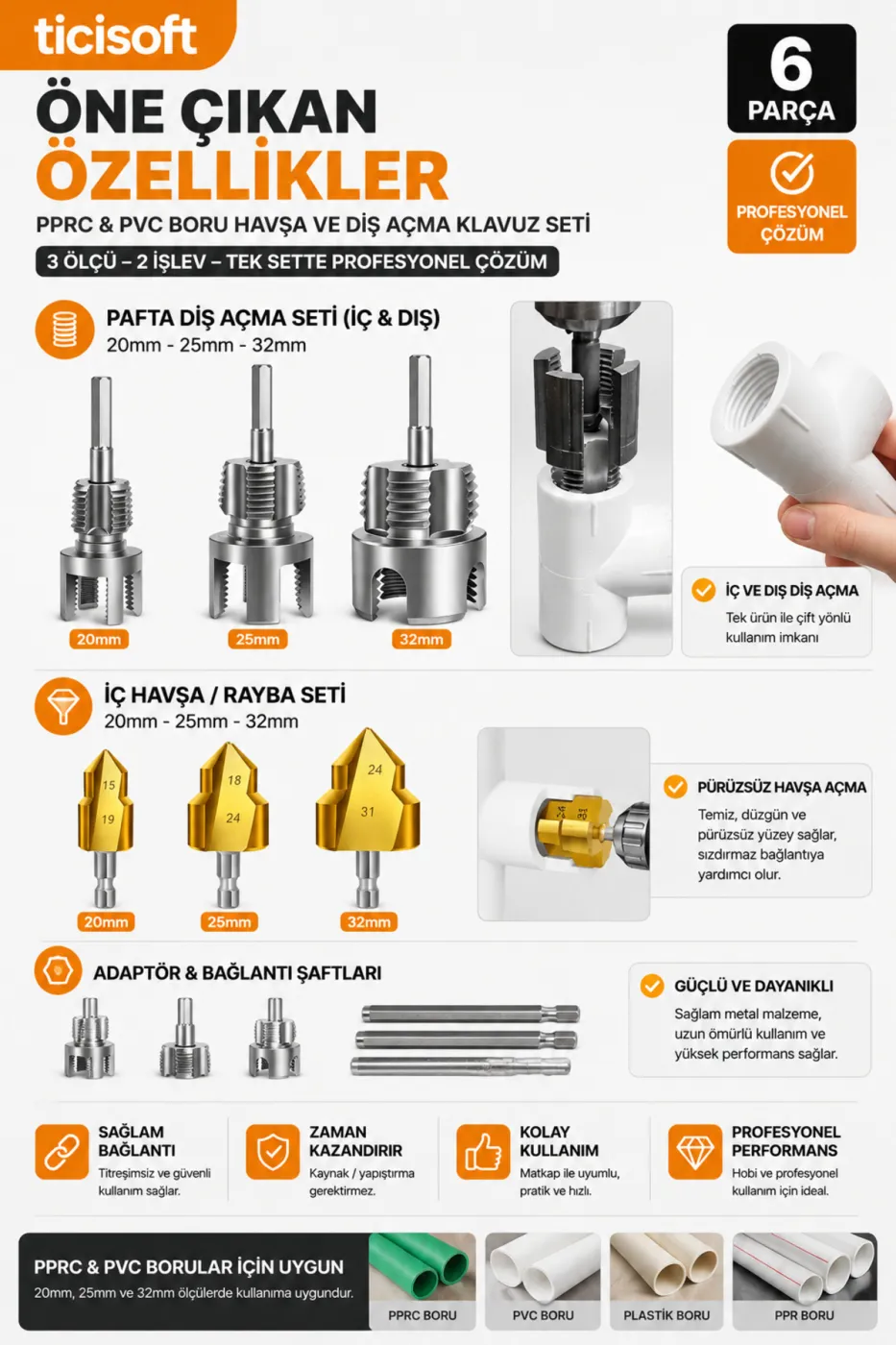 PPRC PVC Boru İç Dış Diş Açma Pafta ve Havşa Rayba Seti 20 mm 25 mm 32 mm 6 Parça Matkap Adaptörlü