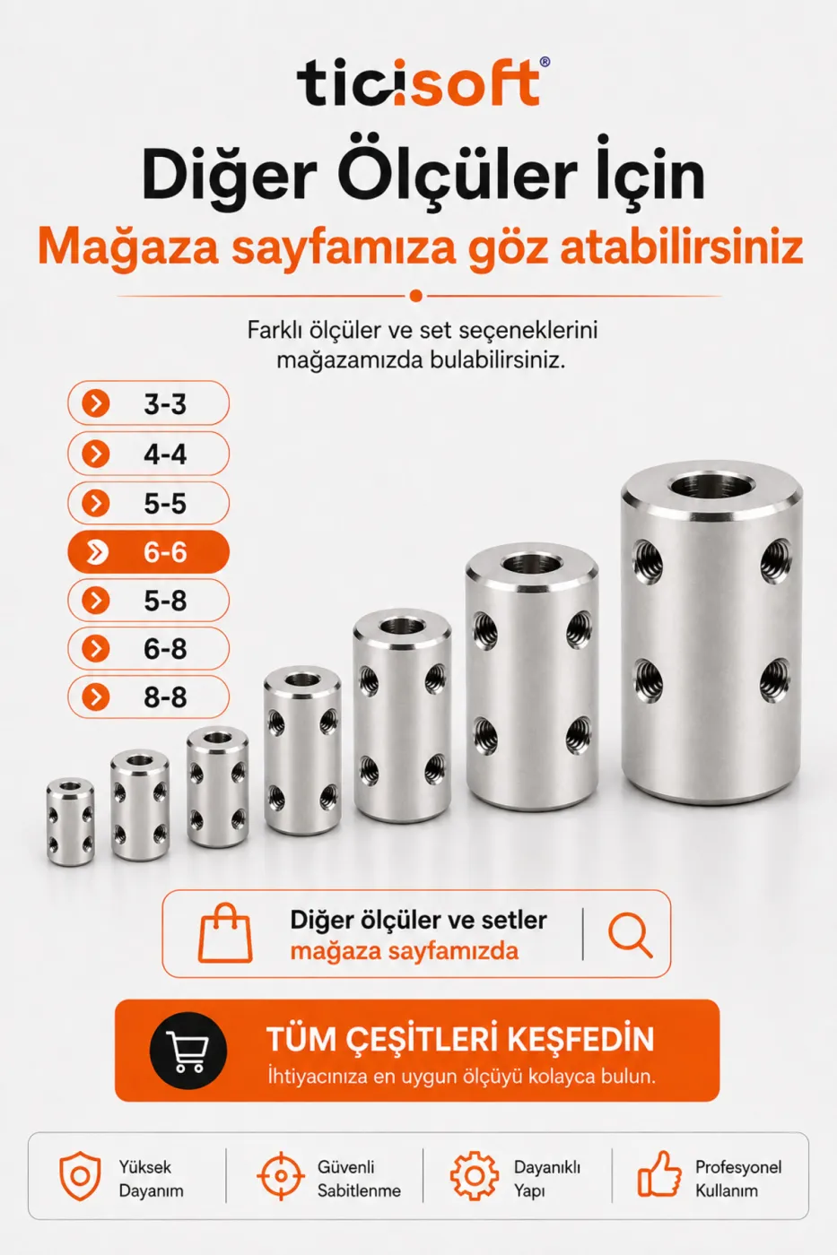 6-6 Motor Kaplini Sabit Şaft Bağlantı Kaplin Motor Pimi Çoğaltıcı 6mm Çelik 4 M4 Vidalı Alyanlı