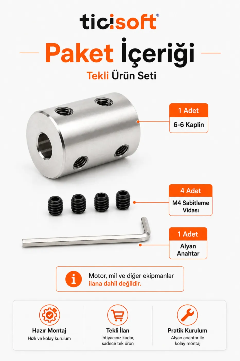 6-6 Motor Kaplini Sabit Şaft Bağlantı Kaplin Motor Pimi Çoğaltıcı 6mm Çelik 4 M4 Vidalı Alyanlı