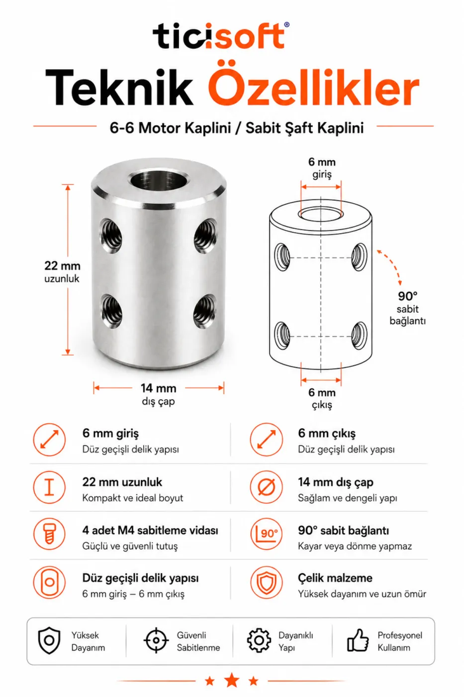 6-6 Motor Kaplini Sabit Şaft Bağlantı Kaplin Motor Pimi Çoğaltıcı 6mm Çelik 4 M4 Vidalı Alyanlı