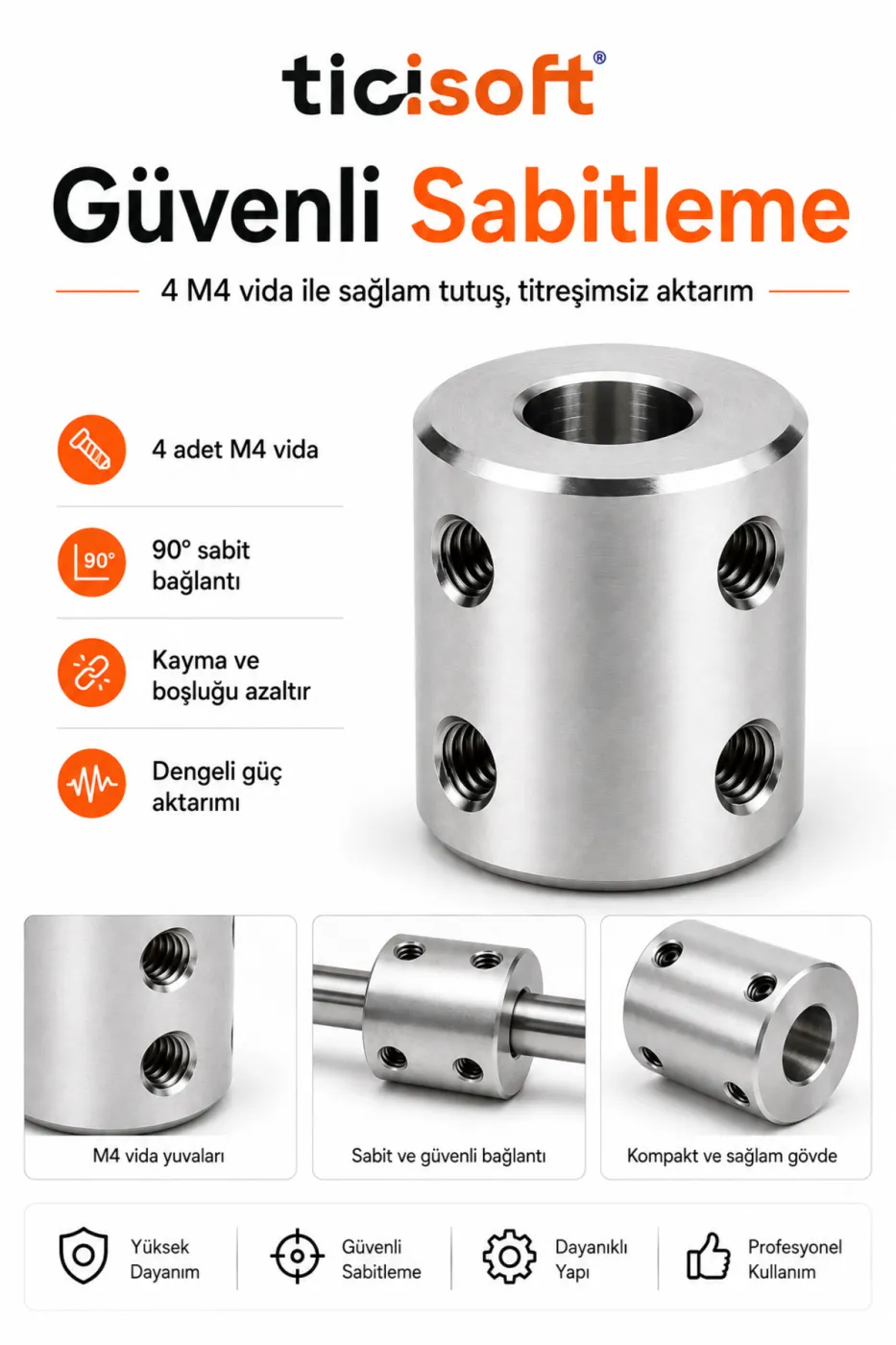 6-6 Motor Kaplini Sabit Şaft Bağlantı Kaplin Motor Pimi Çoğaltıcı 6mm Çelik 4 M4 Vidalı Alyanlı