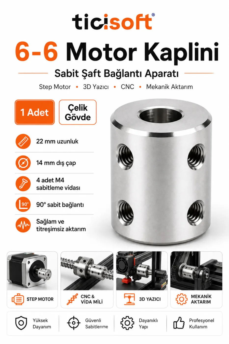 6-6 Motor Kaplini Sabit Şaft Bağlantı Kaplin Motor Pimi Çoğaltıcı 6mm Çelik 4 M4 Vidalı Alyanlı