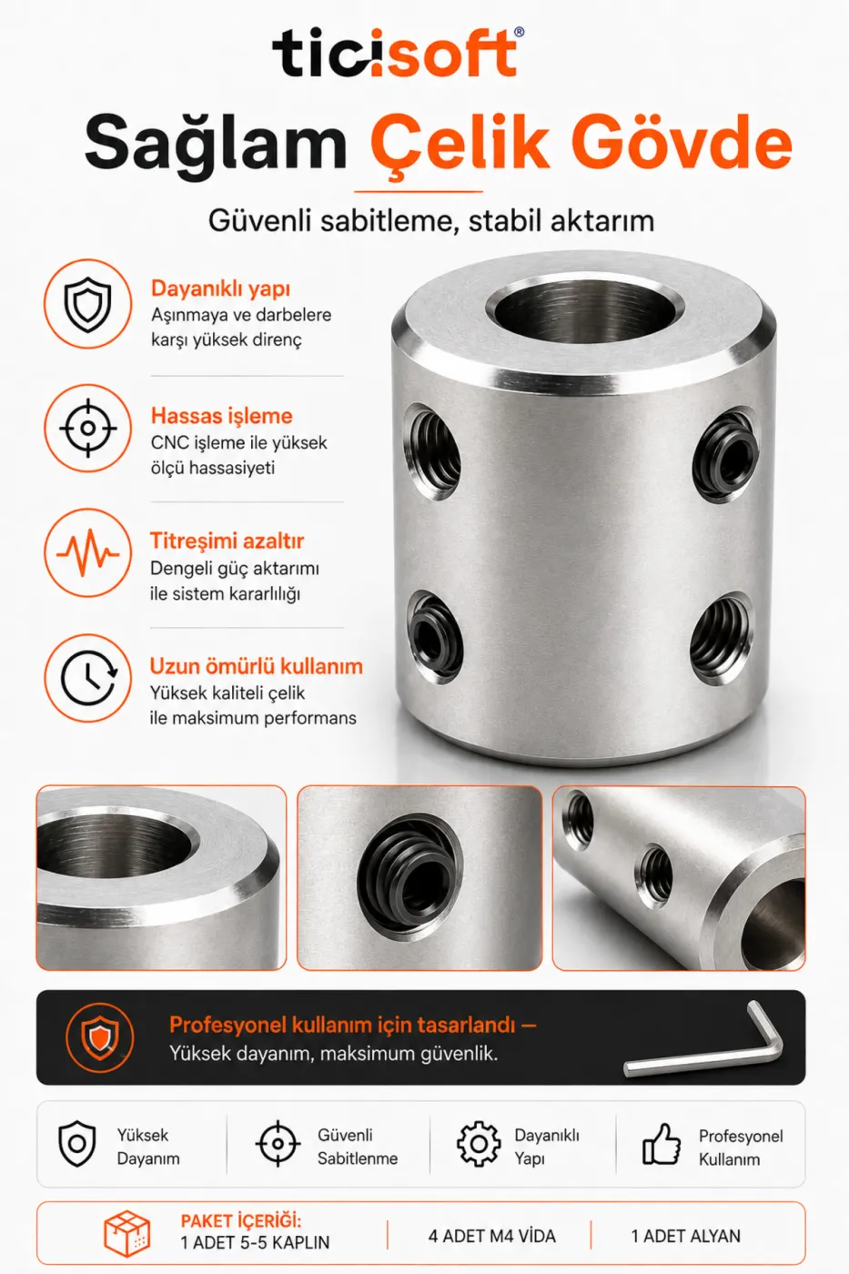 6-6 Motor Kaplini Sabit Şaft Bağlantı Kaplin Motor Pimi Çoğaltıcı 6mm Çelik 4 M4 Vidalı Alyanlı
