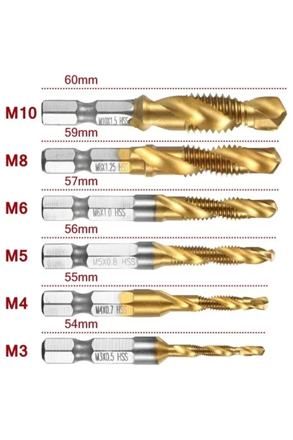 6 Parça Kılavuz Çekme Matkap Ucu Seti M3-M10 HSS Titanyum Kaplama 1/4 Bits Uçlu Delme ve Diş Açma Seti
