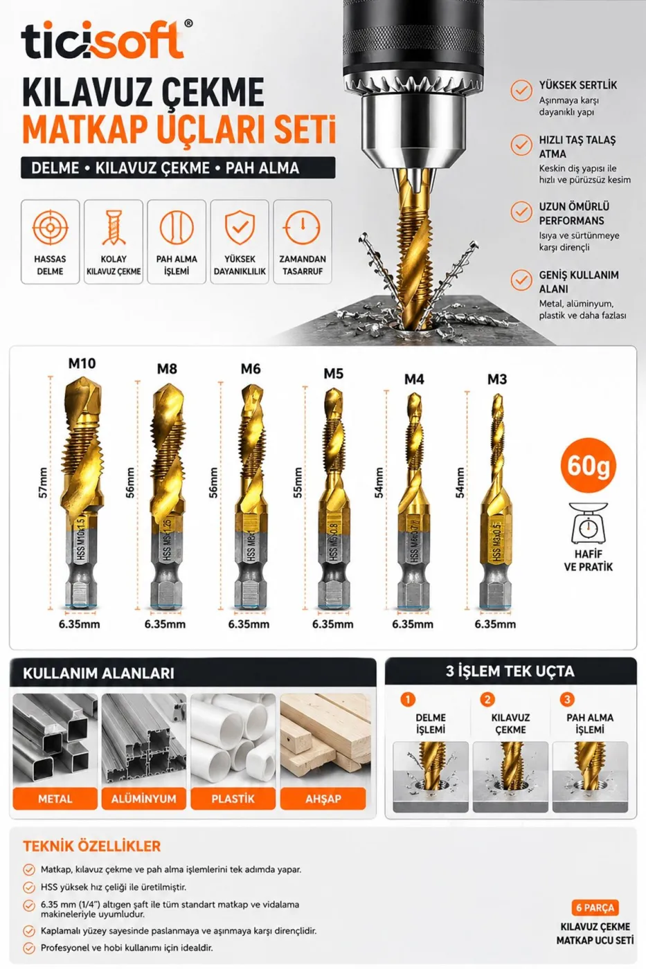 6 Parça Kılavuz Çekme Matkap Ucu Seti M3-M10 HSS Titanyum Kaplama 1/4 Bits Uçlu Delme ve Diş Açma Seti