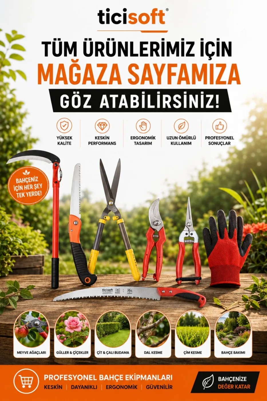 4'lü Bahçıvan Seti Çim Çit Makası Budama Testeresi Budama Makası Eldiven