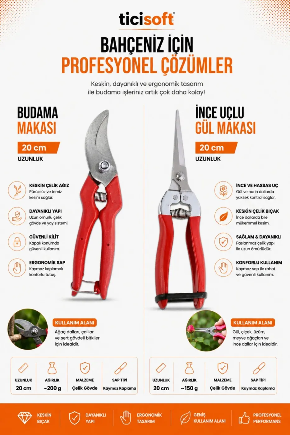 Profesyonel Bahçe ve Tarla Seti Katlanır Orak Budama Makası Gül Makası Tırpan Taşı Eldivenli 5'li Set