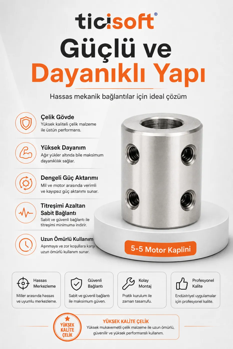 5-5 Motor Kaplini Sabit Şaft Bağlantı Kaplin Motor Pimi Çoğaltıcı 5mm Çelik 4 M4 Vidalı Alyanlı