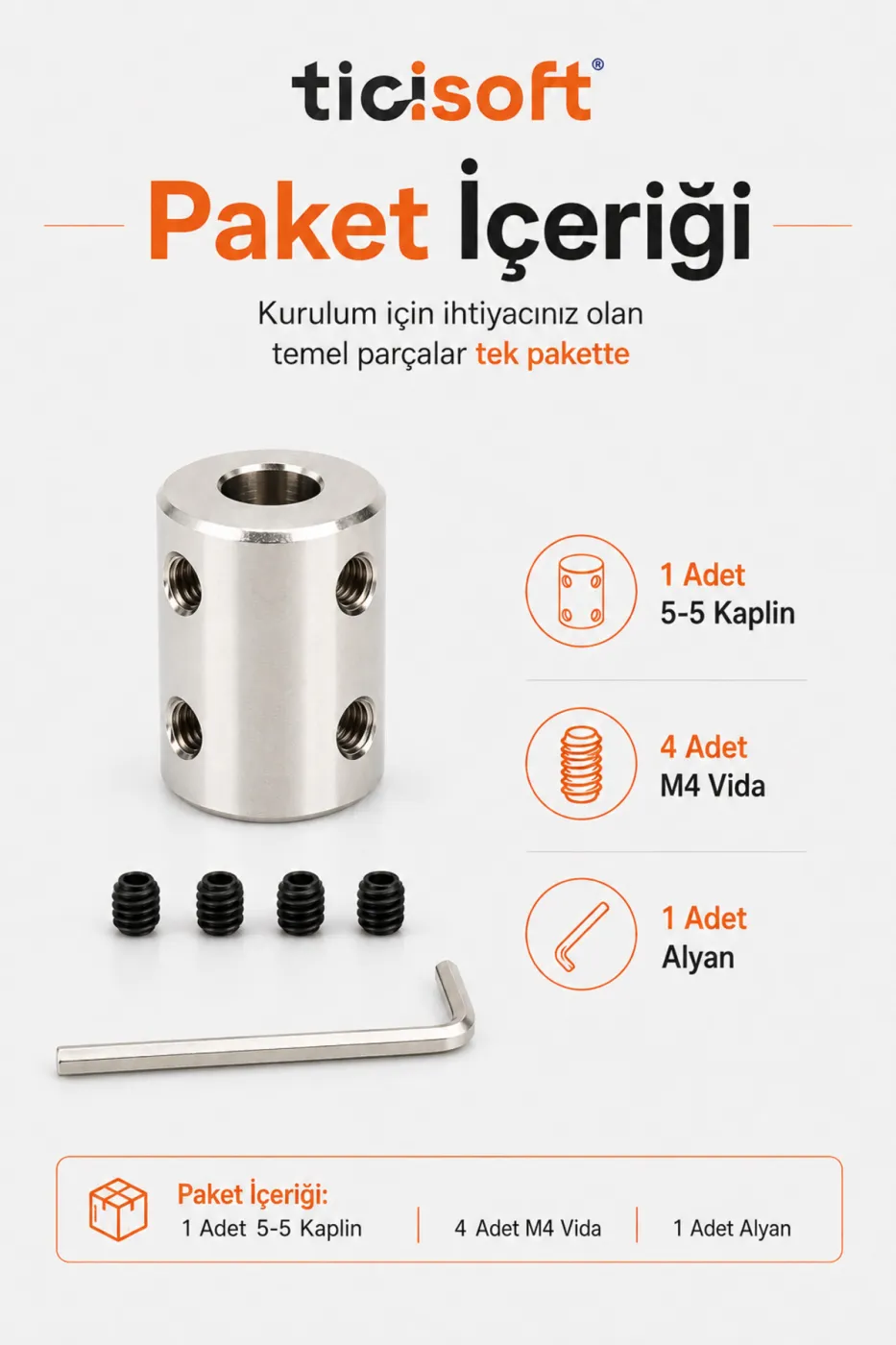 5-5 Motor Kaplini Sabit Şaft Bağlantı Kaplin Motor Pimi Çoğaltıcı 5mm Çelik 4 M4 Vidalı Alyanlı