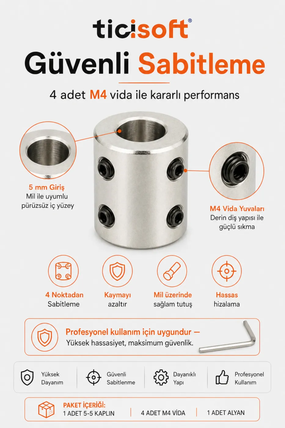 5-5 Motor Kaplini Sabit Şaft Bağlantı Kaplin Motor Pimi Çoğaltıcı 5mm Çelik 4 M4 Vidalı Alyanlı