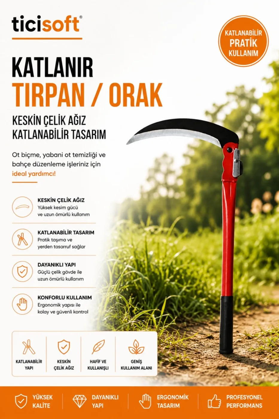 6'lı Bahçe ve Tarla Bakım Seti Çim Çit Makası Katlanır Orak Testereli Eğe Taşlı Eldivenli Set