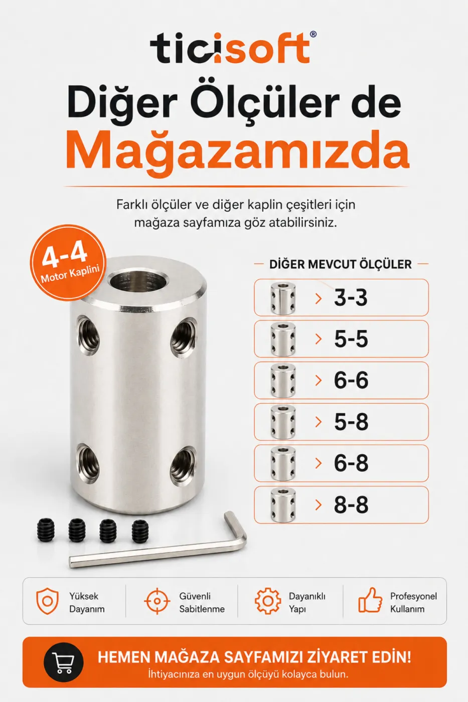 4-4 Motor Kaplini Sabit Şaft Bağlantı Kaplin Motor Pimi Çoğaltıcı 4mm Çelik 4 M4 Vidalı Alyanlı