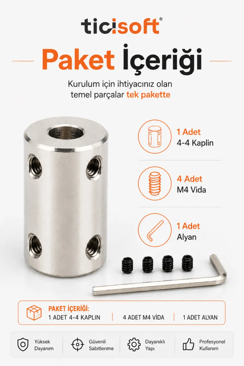 4-4 Motor Kaplini Sabit Şaft Bağlantı Kaplin Motor Pimi Çoğaltıcı 4mm Çelik 4 M4 Vidalı Alyanlı