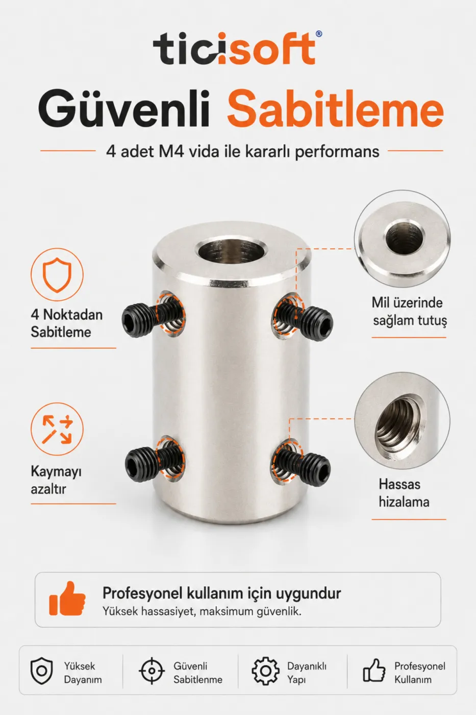 4-4 Motor Kaplini Sabit Şaft Bağlantı Kaplin Motor Pimi Çoğaltıcı 4mm Çelik 4 M4 Vidalı Alyanlı