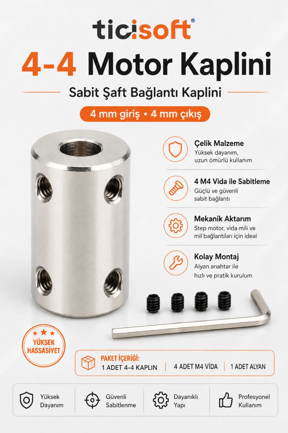 4-4 Motor Kaplini Sabit Şaft Bağlantı Kaplin Motor Pimi Çoğaltıcı 4mm Çelik 4 M4 Vidalı Alyanlı