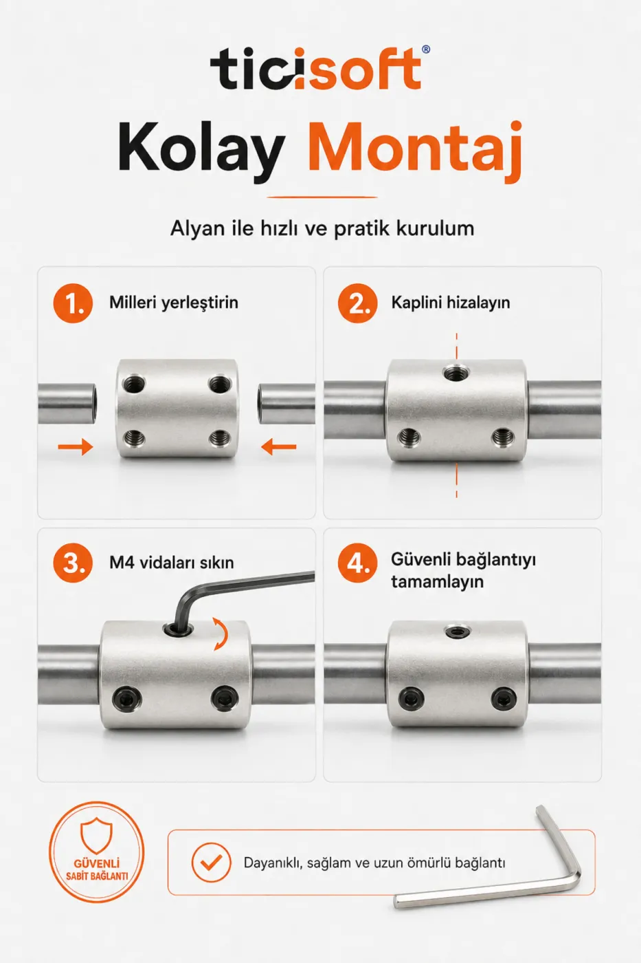 4-4 Motor Kaplini Sabit Şaft Bağlantı Kaplin Motor Pimi Çoğaltıcı 4mm Çelik 4 M4 Vidalı Alyanlı