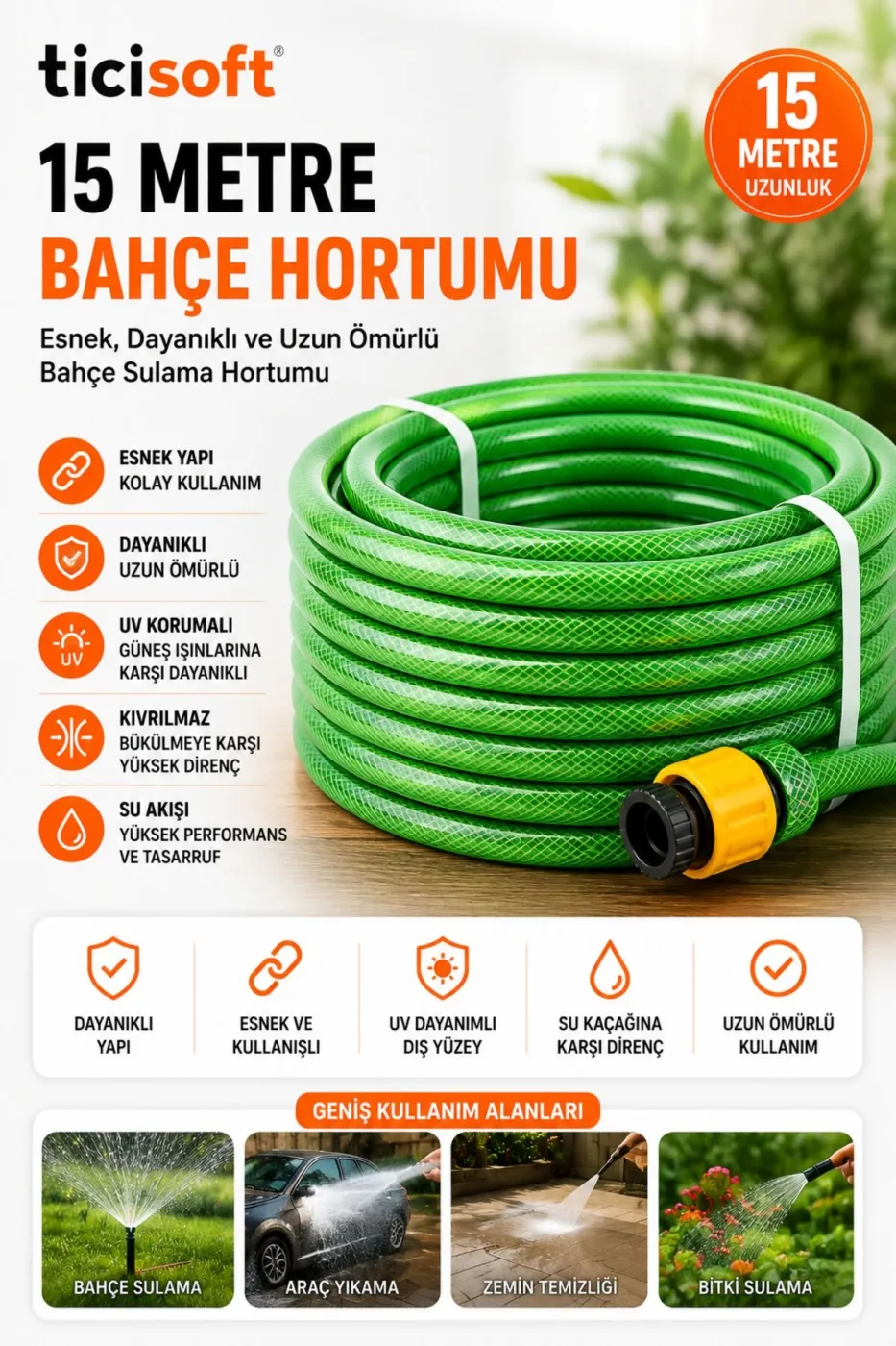 Hortum Asma Aparatı Seti 15 Metre Bahçe Hortumu Paslanmaz Duvar Tipi Hortum Askılığı Seti