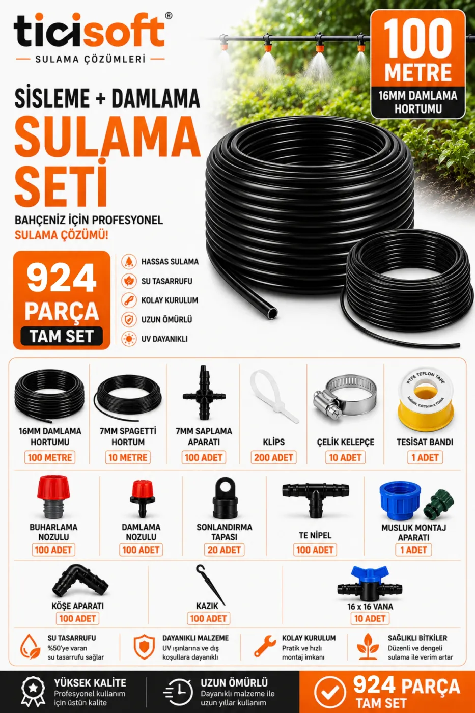 924 Parça 16mm Damlama Sulama Sisleme Seti Bahçe Sera Tarla Hobi Bahçesi Saksı Nemlendirme Misting Buharlama Spagetti Hortum