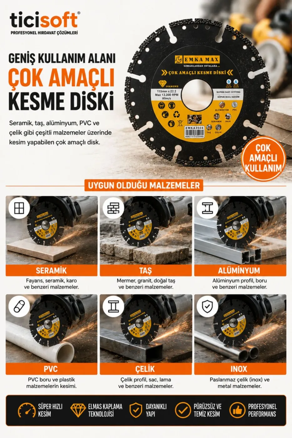 115mm Çok Amaçlı Kesme Diski Seramik Taş Alüminyum PVC Çelik Kesici Disk 22.2mm